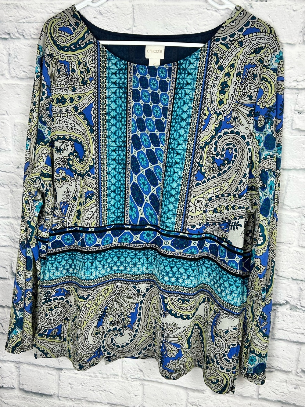 Chico’s Blue Paisley Mixed Print Sheer Overlay Tunic Top XXL